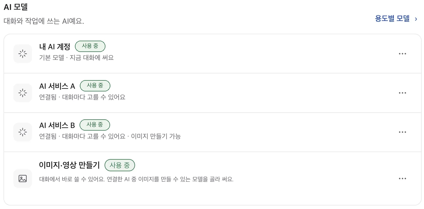 설정의 AI 모델 목록. 연결한 AI 여러 개와 이미지·영상 만들기 항목.
